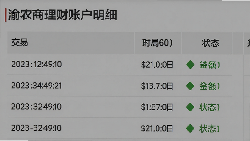 渝农商理财账户明细页面,主体为交易列表表格,布局垂直排列,排版简洁明了,风格实用导向,细节包含时间戳金额和状态图标,画质锐利干净无多余元素