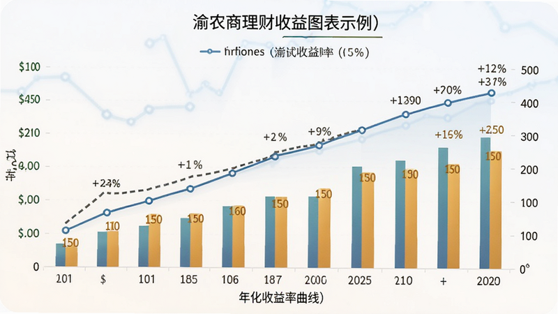 渝农商理财收益图表示例,主体为折线图与柱状图混合,布局横向,排版数据可视化风格,细节显示年化收益率曲线,画质清晰干净无多余元素
