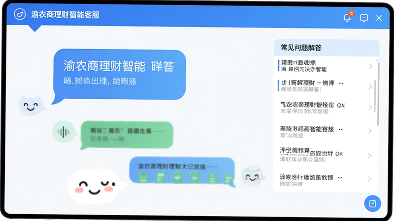 渝农商理财智能客服聊天窗口,主体为对话气泡,布局左右对称,排版友好亲切,风格现代化UI,细节显示常见问题解答列表,画质明亮干净无多余元素
