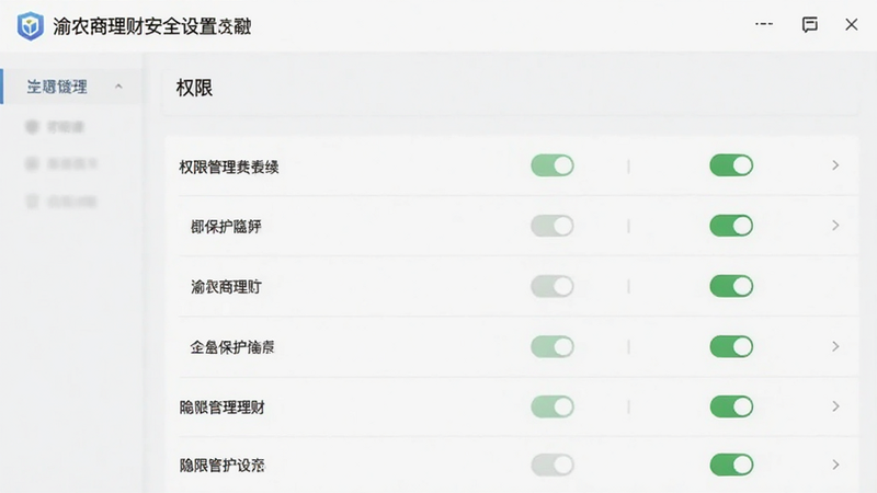渝农商理财安全设置界面,主体为权限管理列表,布局纵向,排版简洁,风格隐私保护导向,细节显示开关状态和图标,画质干净无多余元素