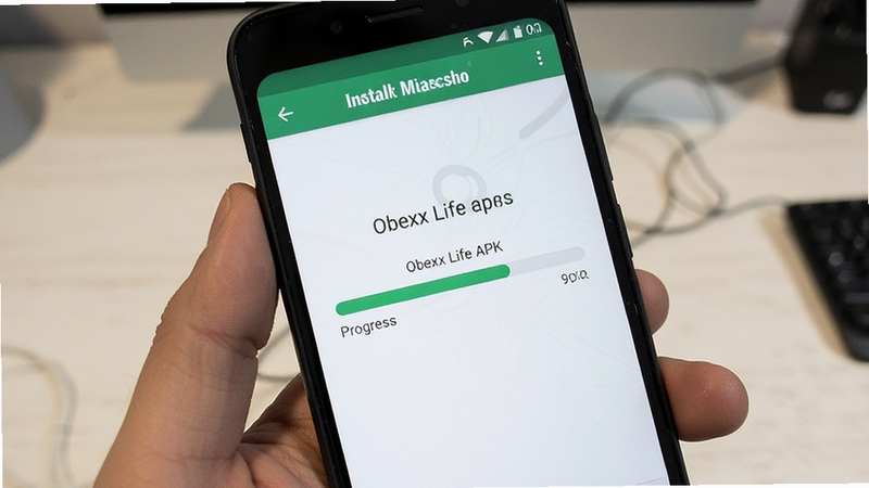 Installation process of Obexx Life APK, smartphone showing install screen, progress bar, simple UI