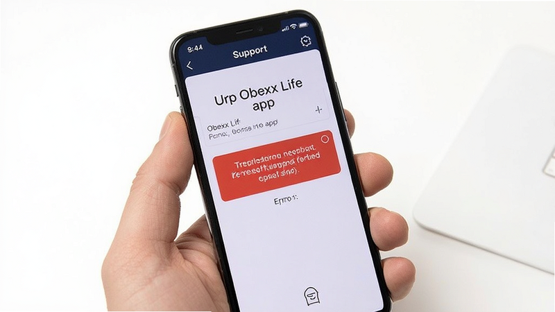 User troubleshooting Obexx Life app, smartphone screen showing error message, tech support context, clean white background