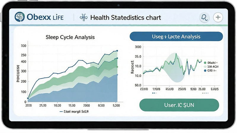Health statistics chart in Obexx Life, green and blue graphs, sleep cycle analysis, user-friendly interface, professional medical style