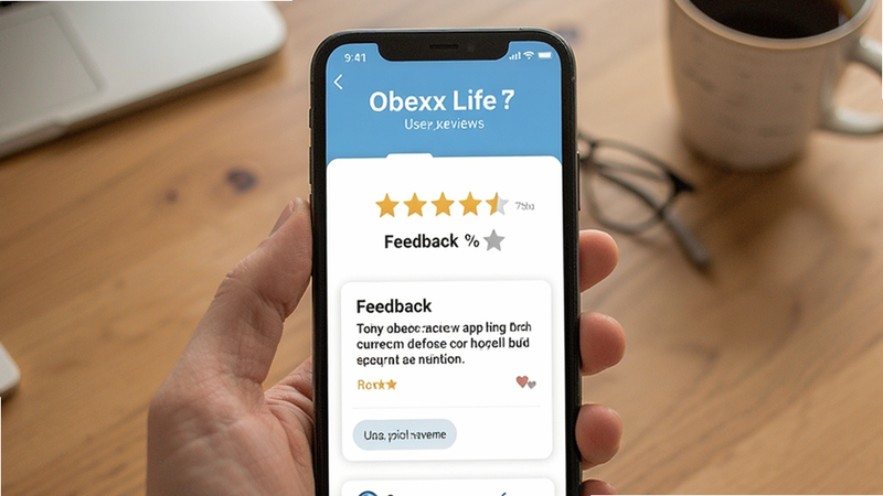 Obexx Life app user reviews interface, star ratings, feedback text, clean design