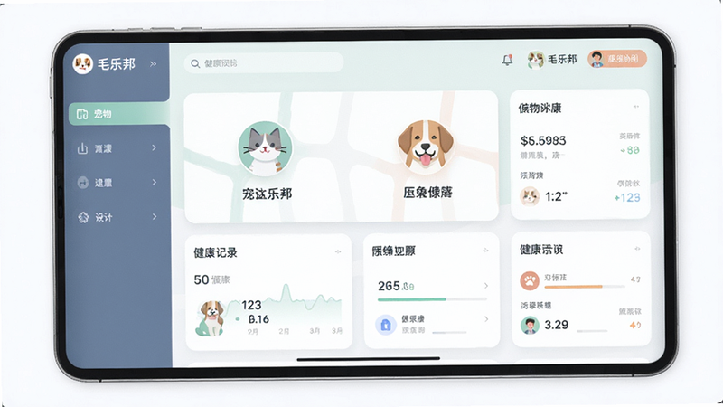 毛乐邦应用界面预览图,展示宠物健康记录仪表盘,风格为现代扁平设计,色彩柔和,包含猫和狗图标,布局清晰,排版整齐,细节丰富,画质高清,干净无多余元素