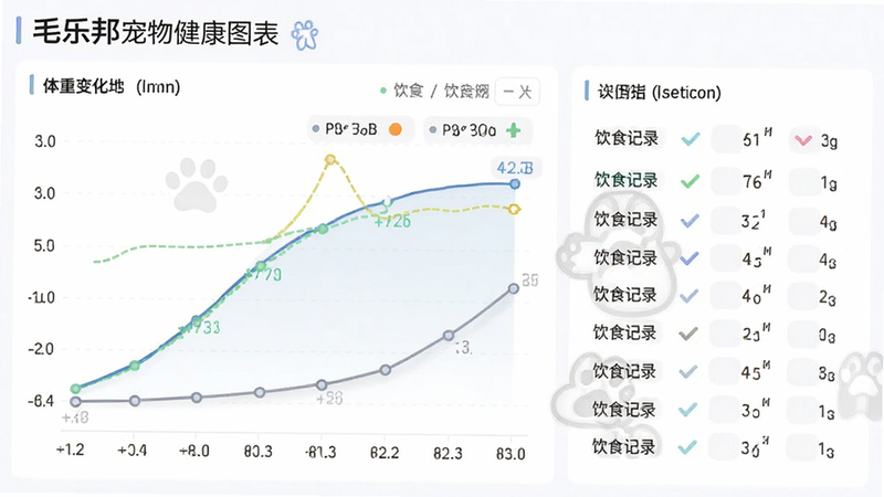 毛乐邦宠物健康图表,展示体重变化曲线与饮食记录,风格为数据可视化,布局紧凑,排版简洁,细节清晰,画质高,干净无多余元素