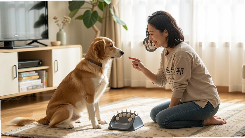 毛乐邦行为训练教程,展示宠物听从指令的场景,风格为温馨生活场景,布局自然,排版合理,细节生动,画质高,干净无多余元素