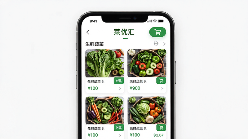 菜优汇APP界面预览图,展示生鲜蔬菜列表与购物车图标,布局简洁清晰,排版采用白色背景搭配绿色主题色,风格现代扁平化设计,细节包含新鲜蔬菜图片与价格标签,画质干净高清无多余元素