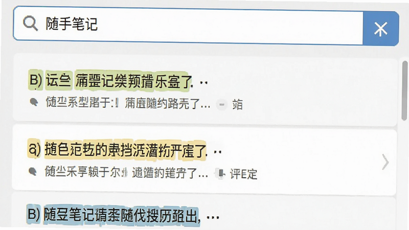 随手笔记搜索界面截图,主体为搜索框和结果列表,布局垂直排列,排版紧凑,风格实用主义,细节包括高亮关键词,画质干净无多余元素