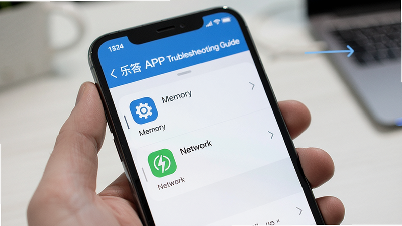 �ִ� APP troubleshooting guide, smartphone screen showing settings menu, icons for memory and network, clean layout, instructional style, high quality