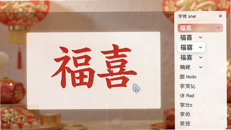 福喜红包封文字编辑功能演示,屏幕中央显示正在编辑的“福喜”字样,光标闪烁,侧边栏显示字体选择选项,背景柔和