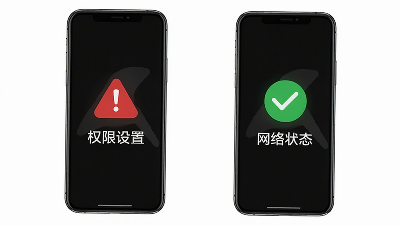 福喜红包封故障排查示意图,手机屏幕显示红色警告图标与绿色成功图标对比,文字说明“权限设置”与“网络状态”,简洁明了
