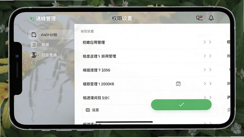遇蜂应用设置界面,权限管理列表清晰可见,绿色确认按钮,简洁UI风格