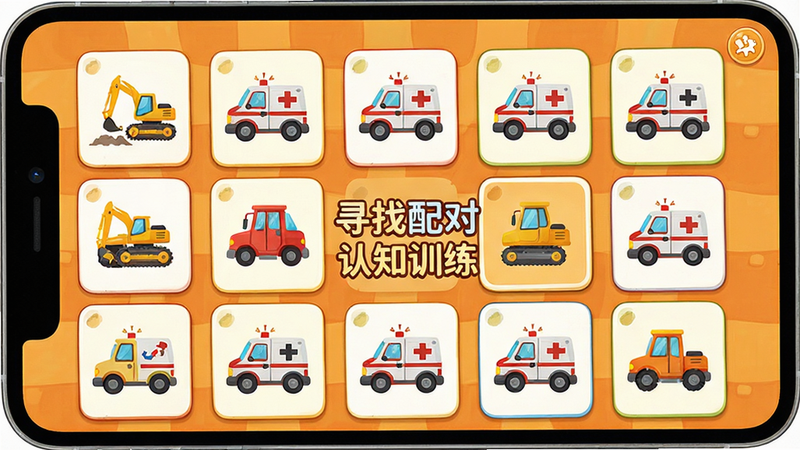 Boogu-Image生图提示词:主体为“宝宝认交通工具”游戏操作界面,布局为网格状卡片排列,排版整齐对称,风格为明亮暖色调儿童插画,细节包括翻开的卡片显示不同车辆图标如挖掘机、救护车,画质清晰干净无多余元素,文字显示“寻找配对 认知训练”