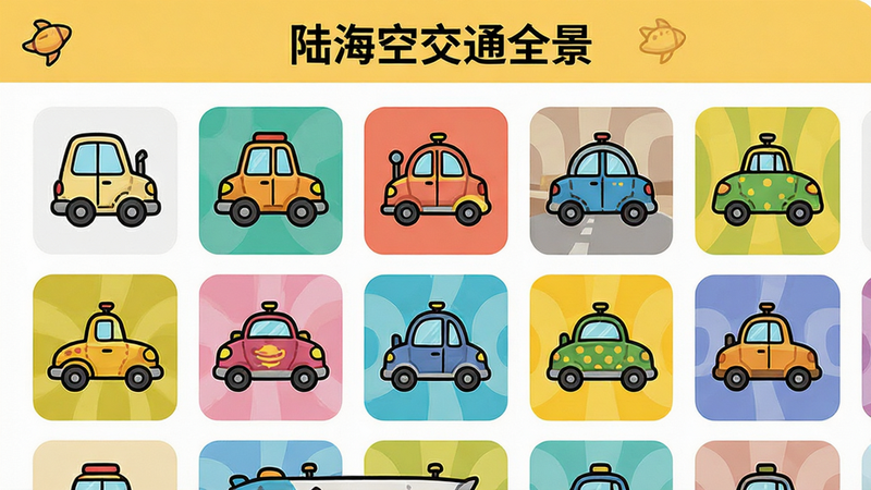 Boogu-Image生图提示词:主体为“宝宝认交通工具”分类展示页面,布局为横向滚动列表,排版紧凑,风格为卡通矢量图标集合,细节包括各类交通工具的轮廓线稿与填充色块,画质高清干净无多余元素,文字显示“陆海空交通全景”