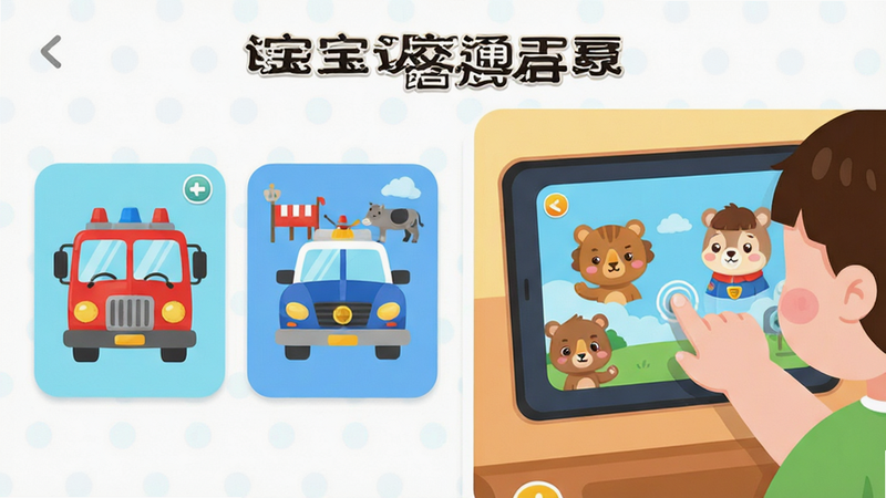 Boogu-Image生图提示词:主体为“宝宝认交通工具”APP界面截图,布局为左右分栏,左侧展示卡通风格的红色消防车和蓝色警车卡片,右侧展示孩子正在点击屏幕的交互场景,排版简洁清晰,风格为扁平化设计,细节包括可爱的动物角色辅助讲解,画质高清干净无多余元素,文字显示“宝宝认交通工具 认知启蒙”