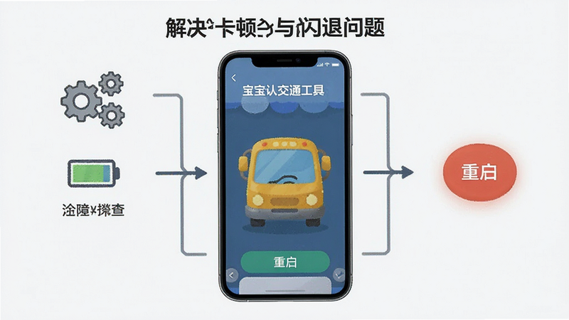 Boogu-Image生图提示词:主体为手机运行“宝宝认交通工具”时的故障排查示意图,布局为分步说明流程图,排版清晰有序,风格为极简科技图标风格,细节包括齿轮设置、电池电量指示、重启按钮等元素,画质干净无多余装饰,文字显示“解决卡顿与闪退问题”
