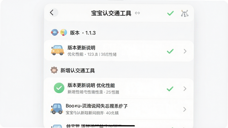 Boogu-Image生图提示词:主体为“宝宝认交通工具”更新日志界面,布局为列表式文本展示,排版简洁明了,风格为现代UI设计,细节包括版本号1.1.3标识、修复图标和新增功能列表,画质高清干净无多余元素,文字显示“版本更新说明 优化性能”