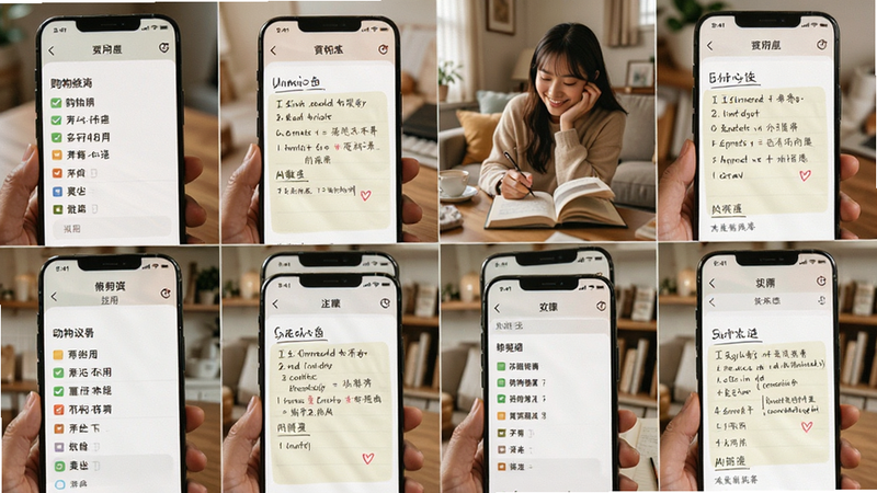 AI数心旁多场景使用案例,主体为不同生活场景下的应用截图拼接,布局网格状,排版整齐,风格温馨实用,细节包含购物清单与笔记场景,画质自然真实