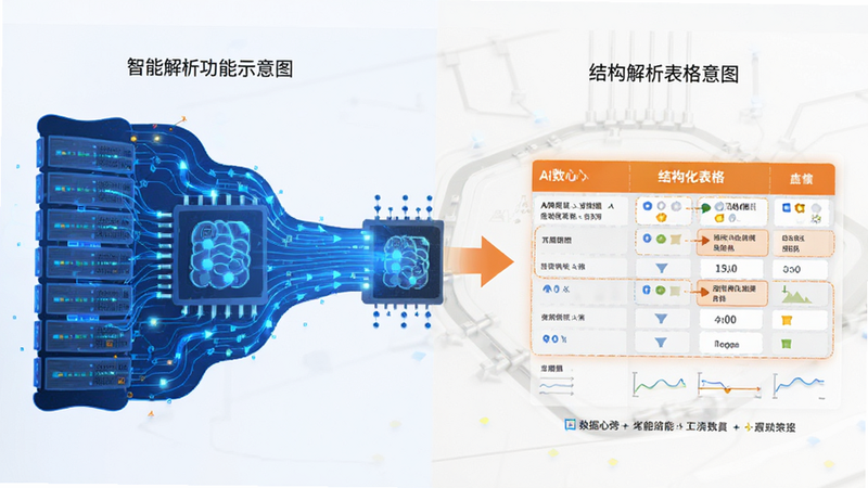 AI数心旁智能解析功能示意图,主体为数据流转化为结构化表格的过程,布局左右对比,排版直观,风格科技感强,细节包含箭头指引与高亮关键数据,画质干净无冗余
