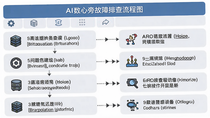 AI数心旁故障排查流程图,主体为问题解决步骤,布局垂直列表,排版清晰,风格指导性强,细节包含图标与文字说明,画质干净无装饰