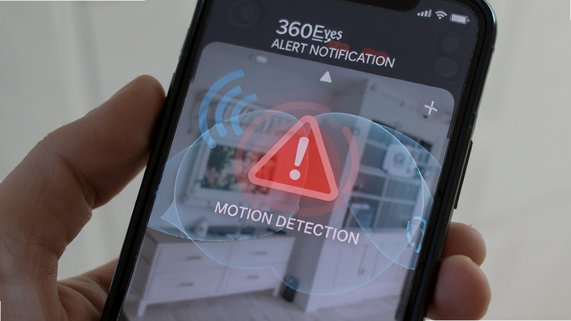 360Eyes smart alert notification on phone screen, red warning icon, motion detection overlay, minimalist style