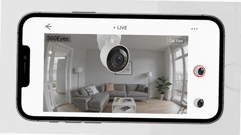 360Eyes app interface showing a live video feed from a smart camera, modern flat design, clean UI, smartphone screen, professional photography, high resolution