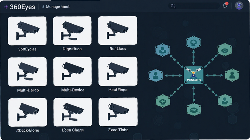 360Eyes multi-device management, dashboard with icons of various cameras, connected network diagram, clean vector style