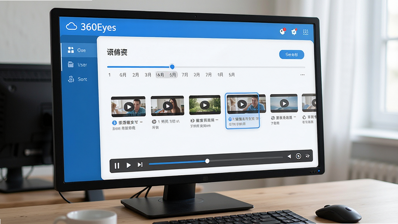 360Eyes cloud storage interface, timeline slider, video playback controls, blue theme, user friendly