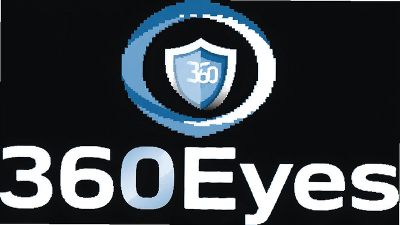 360Eyes brand logo concept, 360 degrees circle, shield icon, blue and white colors, vector graphic