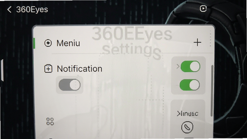 360Eyes settings menu, notification toggle off, minimal UI design