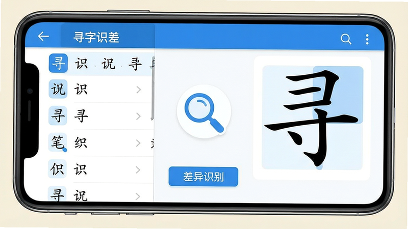 主体: 寻字识差App界面截图; 布局: 手机屏幕显示应用主界面,左侧为汉字列表,右侧为笔画差异高亮区域; 排版: 简洁现代UI,图标清晰; 风格: 扁平化设计,蓝色与白色为主色调; 细节: 界面中央有一个放大镜图标,下方显示
