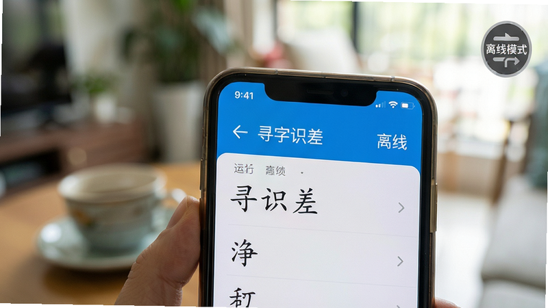 主体: 手机无网络状态下运行寻字识差App的场景; 布局: 手机屏幕特写,显示应用正在运行; 排版: 生活化场景,背景模糊; 风格: 写实摄影风格; 细节: 屏幕内显示汉字查询结果,右上角显示