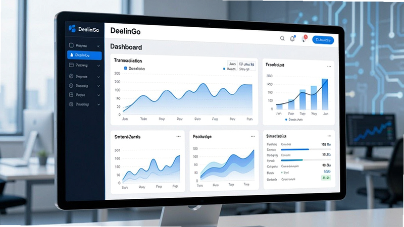 DealinGo transaction dashboard, charts and graphs, data visualization, clean UI, modern tech style, blue accents