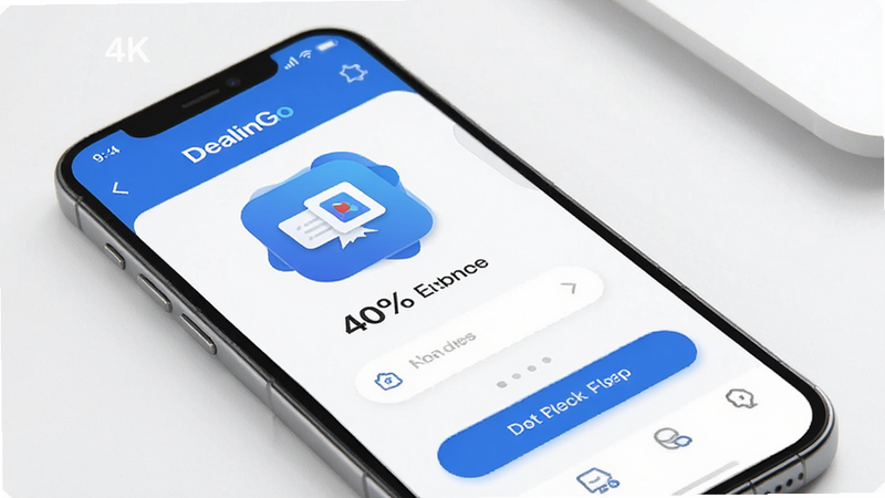 DealinGo app interface, clean modern design, mobile screen mockup, blue and white color scheme, professional UI elements, high resolution, 4k, minimal style