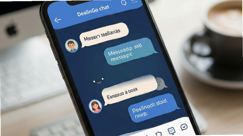 DealinGo chat interface, message bubbles, user avatars, mobile app screen, friendly design, clear typography