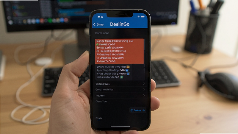 DealinGo troubleshooting guide, error code example, smartphone settings menu, clear text instructions