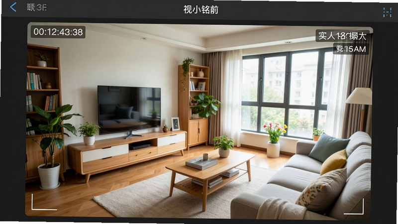视小铭APP内的实时监控画面截图,展示一个明亮的客厅场景,画质清晰,色彩还原度高,界面上叠加了时间戳和摄像头名称,背景为深灰色UI界面,突出视频区域,风格真实自然,细节丰富,高清画质