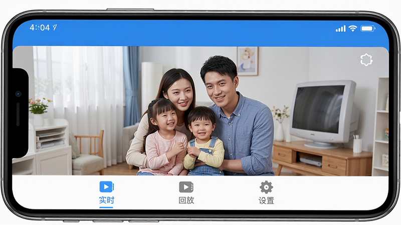 一张展示视小铭APP主界面的高清UI设计图,主体为手机屏幕,显示清晰的家庭监控实时画面,界面布局整洁,顶部有状态栏,底部有功能导航栏,包含'实时'、'回放'、'设置'等图标,风格为现代扁平化设计,色彩以科技蓝和白色为主,细节精致,4k分辨率,无多余元素