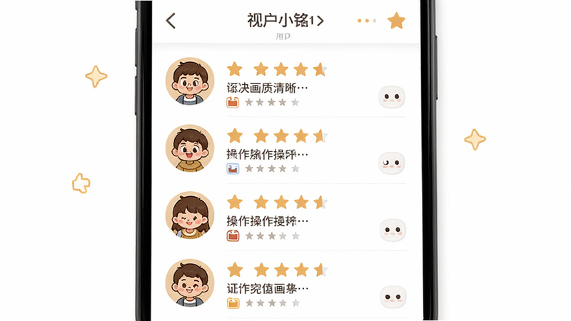 视小铭APP的用户评价界面,展示多条五星好评,文字内容提到'画质清晰'、'操作方便',界面风格温馨,头像为卡通形象,背景为白色,突出用户满意度,无杂乱元素