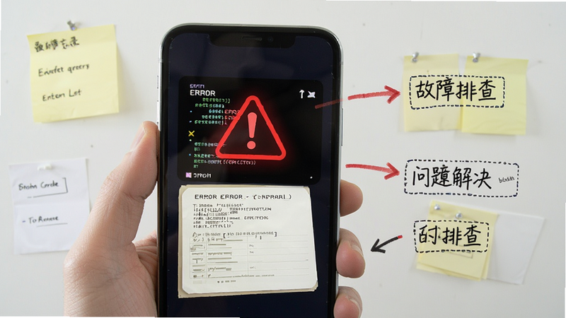 便签备忘录记事 故障排查概念图, 手机屏幕显示错误代码, 红色警告图标, 简洁背景, 强调问题解决