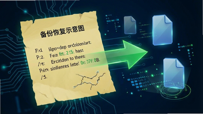 便签备忘录记事 数据恢复示意图, 文件图标, 绿色箭头, 简洁科技风格, 强调备份重要性