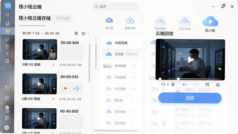 视小铭云端存储功能界面,展示视频列表与回放按钮,风格简洁高效,布局整齐,细节包含时间戳,画质高清,文字“云端回放”