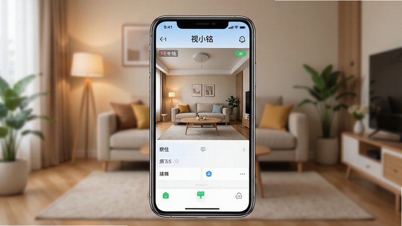 视小铭app界面展示,手机屏幕显示清晰的实时监控画面,背景为温馨的家庭客厅,风格简洁现代,UI布局清晰,画质高清,干净无多余元素,文字显示“视小铭”