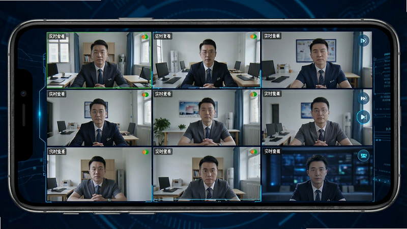 视小铭app实时监控功能演示,手机界面显示多路视频流,画面清晰度高,布局为网格状,风格科技感强,细节丰富,画质高清,文字标签“实时查看”