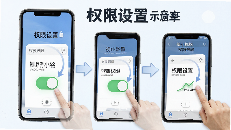 视小铭使用教程示意图,展示手机设置权限的步骤,风格教学感强,细节包含开关图标,画质高清,文字“权限设置”
