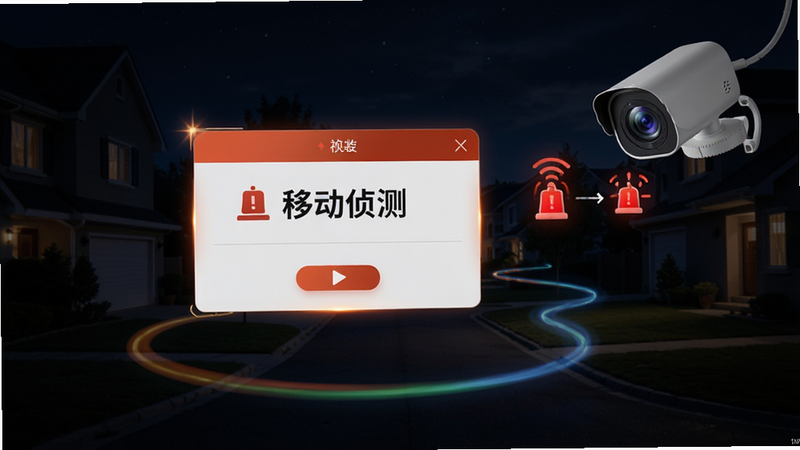 视小铭智能移动侦测示意图,摄像头捕捉运动轨迹并发送警报图标,背景为夜间场景,风格安全警示感强,细节突出报警弹窗,画质高清,文字“移动侦测”
