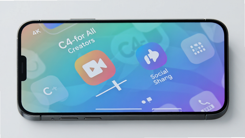 A modern smartphone displaying the C4-for All Creators app interface, featuring a clean minimalist design with vibrant icons for video editing and social sharing, soft gradient background, high resolution, 4k, realistic style, no text on screen