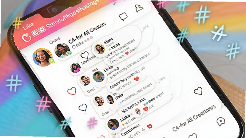 A vibrant social feed interface within the C4-for All Creators app, showing user avatars, likes, comments, and trending hashtags, colorful and engaging design, mobile app screenshot style