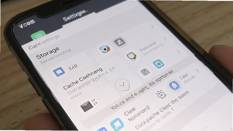 A user troubleshooting a smartphone app error, showing a settings menu with cache clearing options, clear interface, focused on the 'Storage' section, realistic photo style